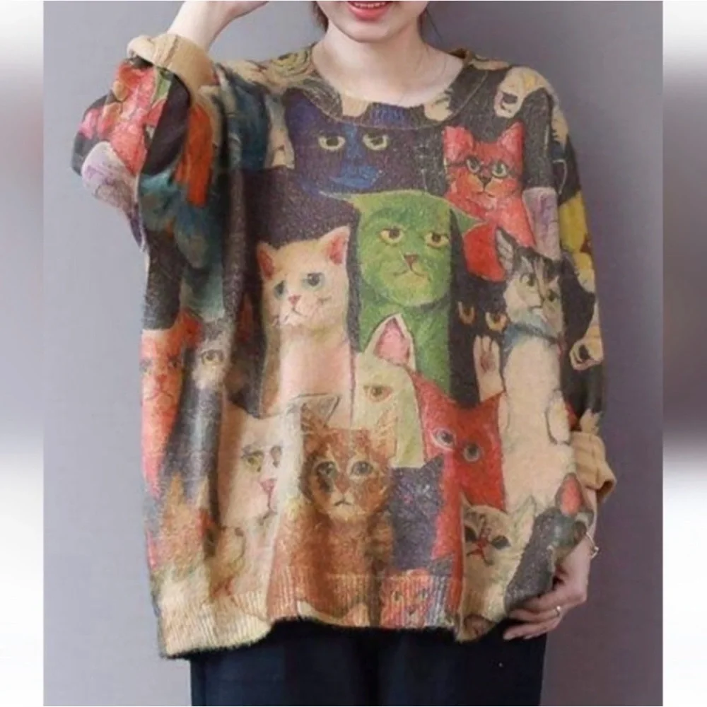 YESNO Art FUNKY CATS Sz L XL 1X Lagenlook SUPER SOFT Furry Sweater Wool